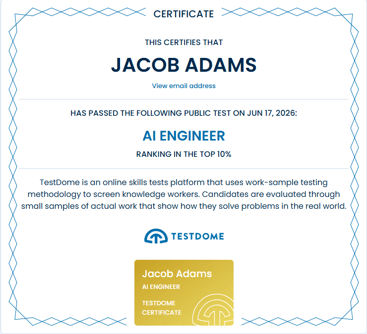 TestDome AI Engineer certificate for Jacob Adams