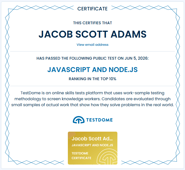 TestDome JavaScript and Node.js certificate for Jacob Scott Adams