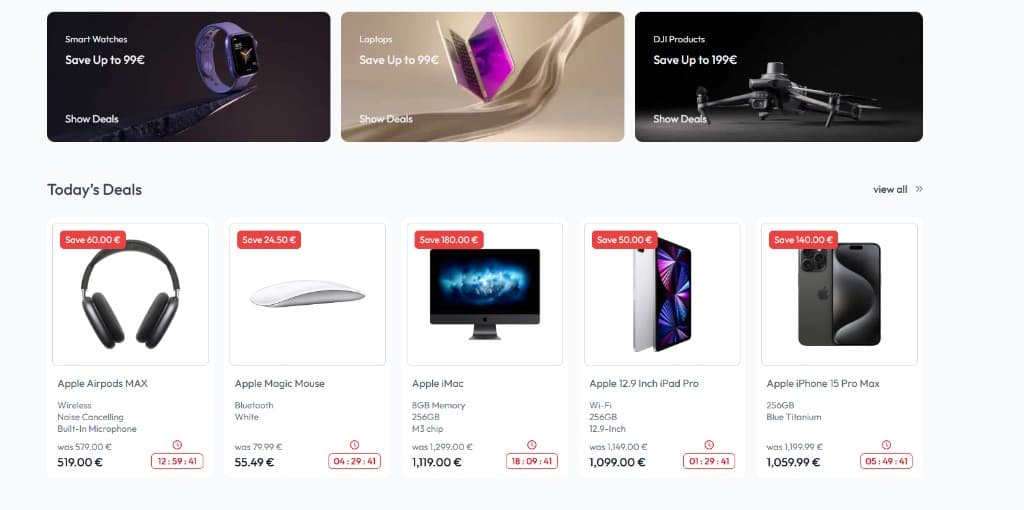eCommerce application deals and product cards