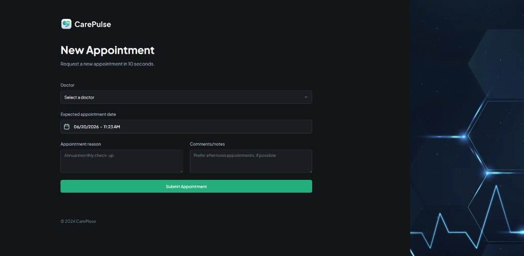 Healthcare app onboarding screen with patient form