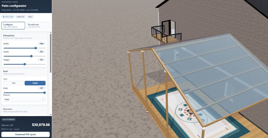 Outdoor Living Three.js patio configurator with live quote panel